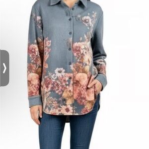 Soft Surroundings x Solitaire Gray and Pink Floral Button-Down Shirt VeganSuede